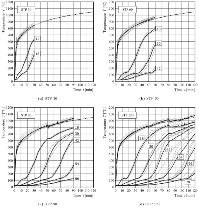 Fig. 5.1: Time-temperature plots for each experiment. Single (grey) and mean (black) values over three thermocouple measurements at different depths