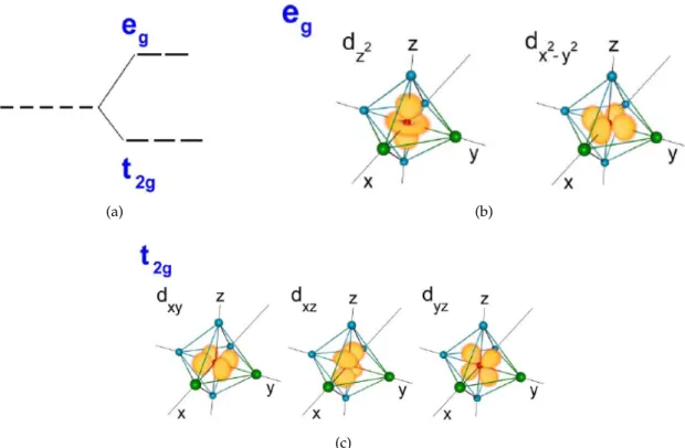 Fig. 3.2: (a) Splitting of the fivefold degenerated 3d orbital due to the octahedral crystal field