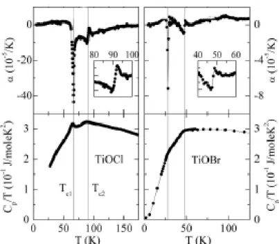 Fig. 3.5: Thermal expansion α = ∂L/∂T and specific heat C p of TiOCl (l.h.s.) and TiOBr (r.h.s)