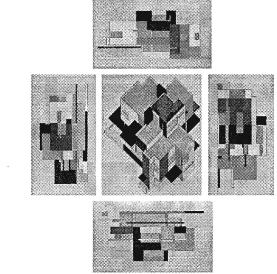 Figure 24. T. van Doesburg and C. van Eesteren. Elevations and axonometric drawing of the private house, 1923