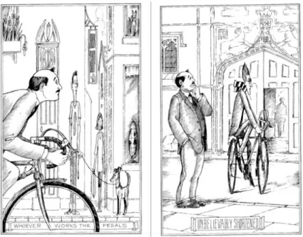 Abbildung 1: F¨ ur den Radfahrer sind die Objekte am Straßenrand verk¨ urzt (links), f¨ ur den Beobachter am Straßenrand dagegen sieht der Fahrradfahrer k¨ urzer als normal aus (rechts)