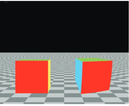 Abbildung 7: Die scheinbare Verl¨ angerung des herannahenden W¨ urfels (rechts) ist nur schwierig zu erkennen, aber der Vergleich mit dem ruhenden W¨ urfel (links) und mit dem quadratisch gekachelten Boden macht den Eﬀekt sichtbar.