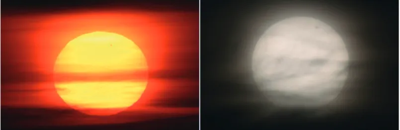 Abb. 12. Der Venustransit, von Hannover aus fotografi  ert, unmitt  elbar nach Sonnenaufgang (links) und kurz vor dem Verschwinden der Sonne hinter  Wolken (rechts)