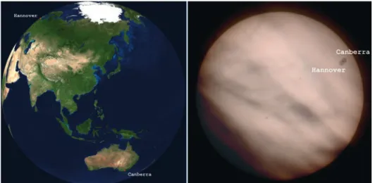Abb. 14. Die Ansicht der Erde von der Sonne aus und die Ansicht der Venus von Hannover und  Canberra aus gesehen