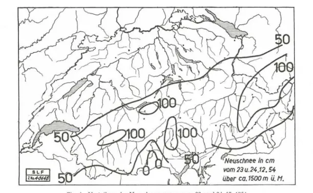 Fig.  1  Verteilung der Neuschneemengen vom 23.  und 24.  12.  1954 