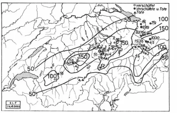 Fig.  2  Neuschneehöhen in  cm und  Verteilung  der Schadenlawinen 10.- 12.  Januar 1954  5/19  =  5  Todesopfer,  19  Verschüttete 