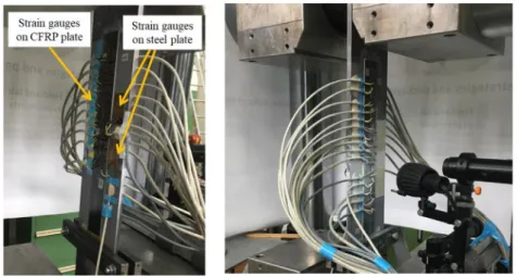 Fig. 4. Conﬁguration of the strain gauges mounted on the steel and CFRP laminates, including the observed steel crack and debonding propagation.
