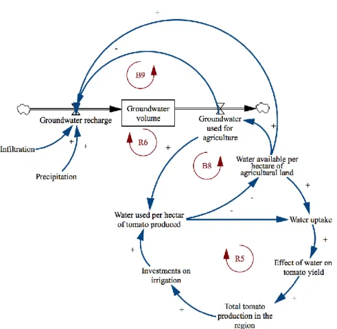 Figure 7 : summarized state and flow model and the causal links for water and groundwater management dynamics 