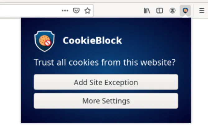 Figure 5.1: The CookieBlock popup, accessed through an icon next to the address bar. It allows the user to add exceptions for the currently active tab.