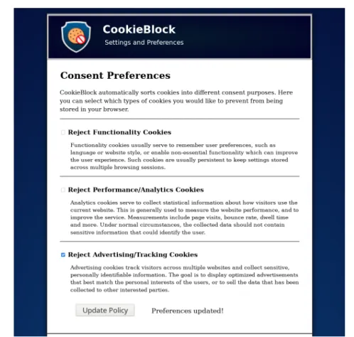 Figure 5.2: The CookieBlock settings page, accessed through the popup. It allows the user set their consent choices for all websites, and add individual exceptions