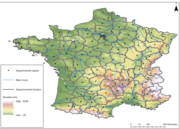 Figure 2: Departmental borders and natural features Departmental capital Main rivers Departemental borders Elevation (m) High : 4536 Low : -10 0 75 150 300 Kilometers ¯