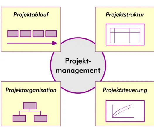 Abb. 2-3: Problemfelder des  Projektmanagements. Die  Managementfunktion   „Gestal-ten“ umfasst das Festlegen  ei-nes Projektablaufes, das  Defi-nieren einer Projektstruktur  und das Bestimmen der  Pro-jektorganisation