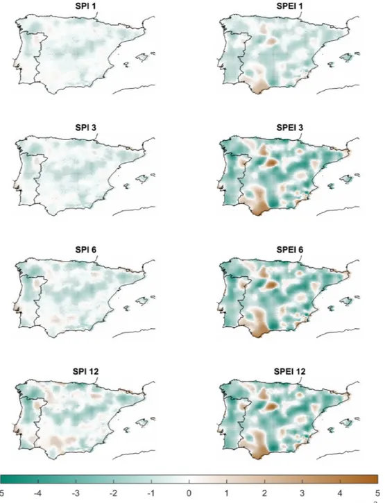 Fig. 1. Spatial patterns of trends in the period 1971–2015 for SPI IB01  (left) and SPEI IB01  (right) for the 1-, 3-, 6-, and 12-months timescales