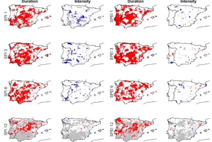 Fig. 3. Significant trends in duration and mean intensity of droughts based on SPI IB01  (left) and SPEI IB01  (right)