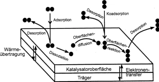 Abb. 5: Darstellung der Komplexität der Oberflächenvorgänge bei der heterogenen Katalyse Basis  für  die  formelmäßtige  Formulierung  kinetischer  Gesetze  heterogen  katalysierter   Re-aktionen  sind  sehr  häufig  die  Langmuir-Isothermen