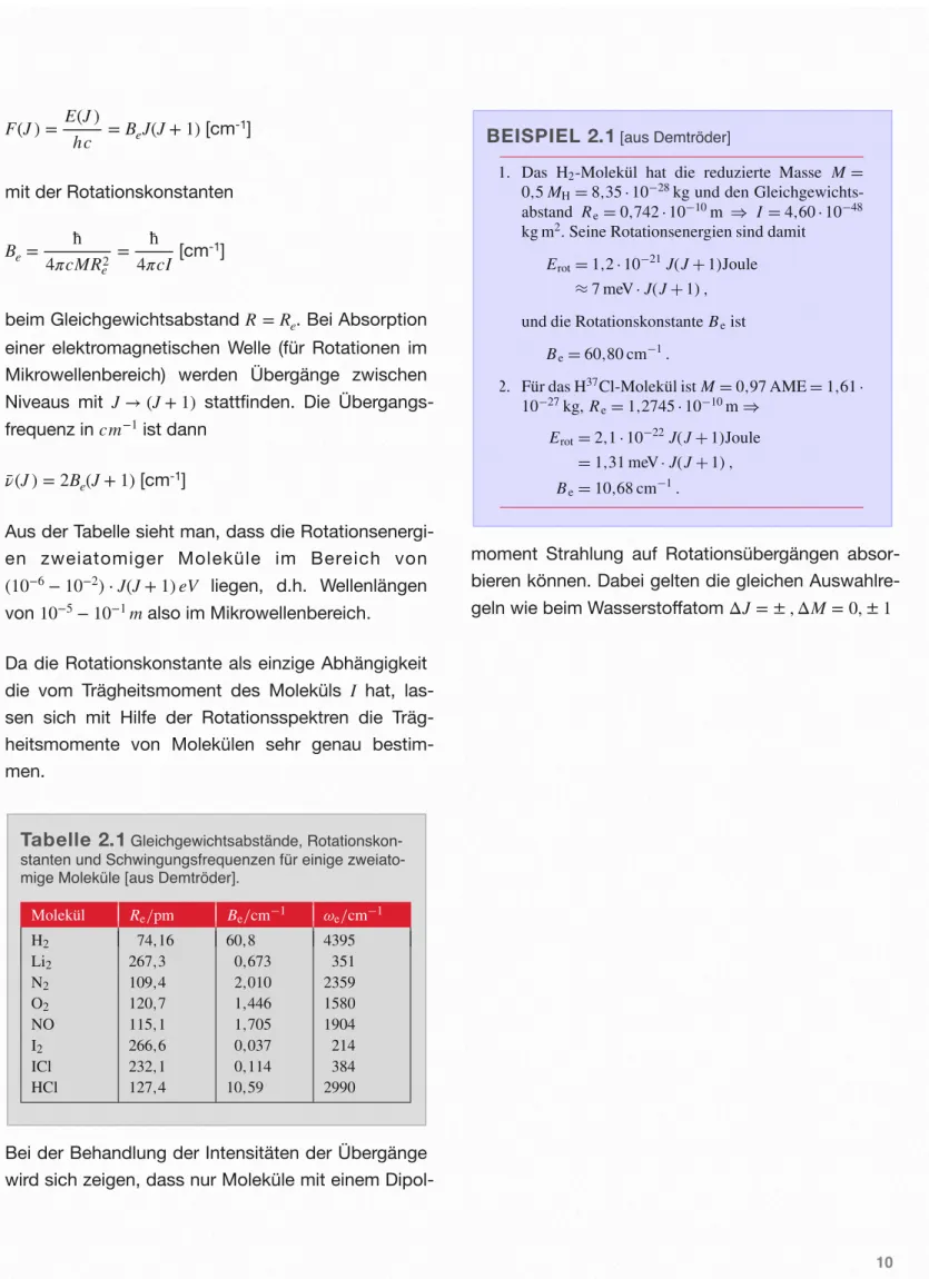 Tabelle  2.1  Gleichgewichtsabstände, Rotationskon- Rotationskon-stanten und Schwingungsfrequenzen für einige  zweiato-mige Moleküle [aus Demtröder].