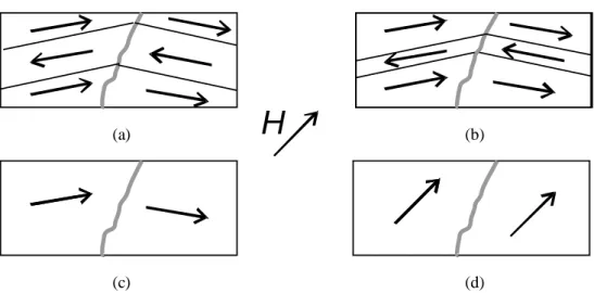 Abb.  4:  Ferromagnet  im  äußeren  Magnetfeld  H.  Die  Pfeile  im  Material  weisen  in  Richtung  der  magnetischen Momente einer magnetischen Domäne