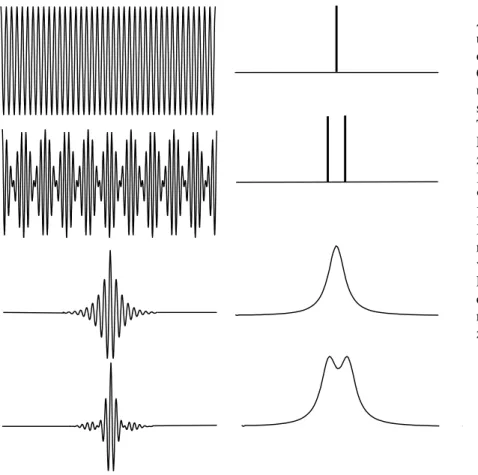 Abb. 7.6 Interferogramme (links)  und Spektren (rechts). Die beiden  oberen Kurven stellen reine  Cosinus-Funktionen (die rechts  und links unendlich fortzusetzen  sind) und ihre 