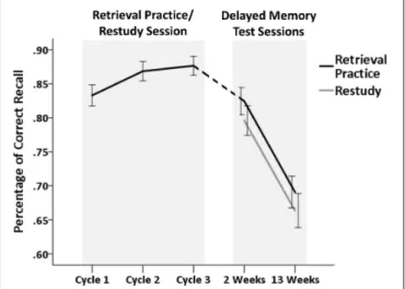 FIGURE 2 | Percentage of correct recall of autobiographical events in the retrieval practice/restudy session (cycle 1, cycle 2, and cycle 3) and in the delayed memory test sessions (2 weeks, 13 weeks) as a function of the type of previous practice (retriev
