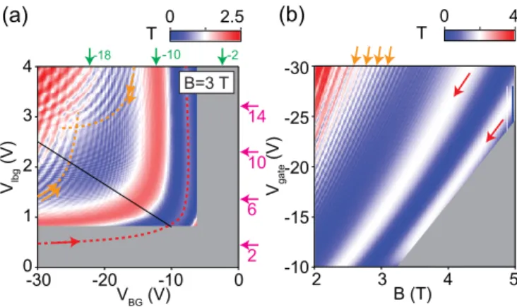 FIG. 7. Quantum transport calculations for a graphene p-n junction in magnetic field. a,  Transmis-sion function (T ) of charge carriers through the p-n junction with the same gate geometry as measured one, as a function of a local bottom-gate and a global