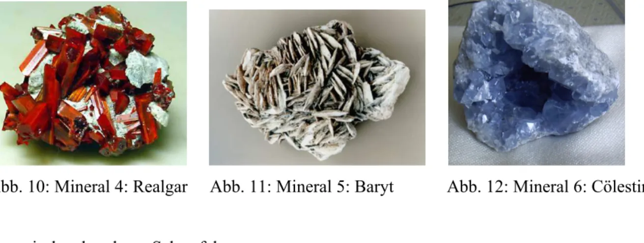 Abb. 10: Mineral 4: Realgar     Abb. 11: Mineral 5: Baryt            Abb. 12: Mineral 6: Cölestin Organisch gebundener Schwefel:
