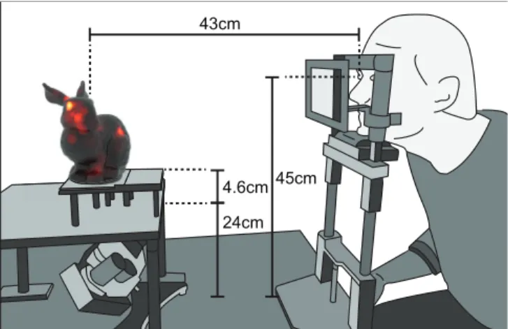 Fig. 1. Schematic of the experimental setup. Shapes are placed approxi- approxi-mated 100 mm below the eyes.
