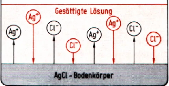 Abb. 2: Schematische Darstellung einer gesättigten AgCl-Lösung. Festes AgCl befindet sich  im Gleichgewicht mit der AgCl-Lösung