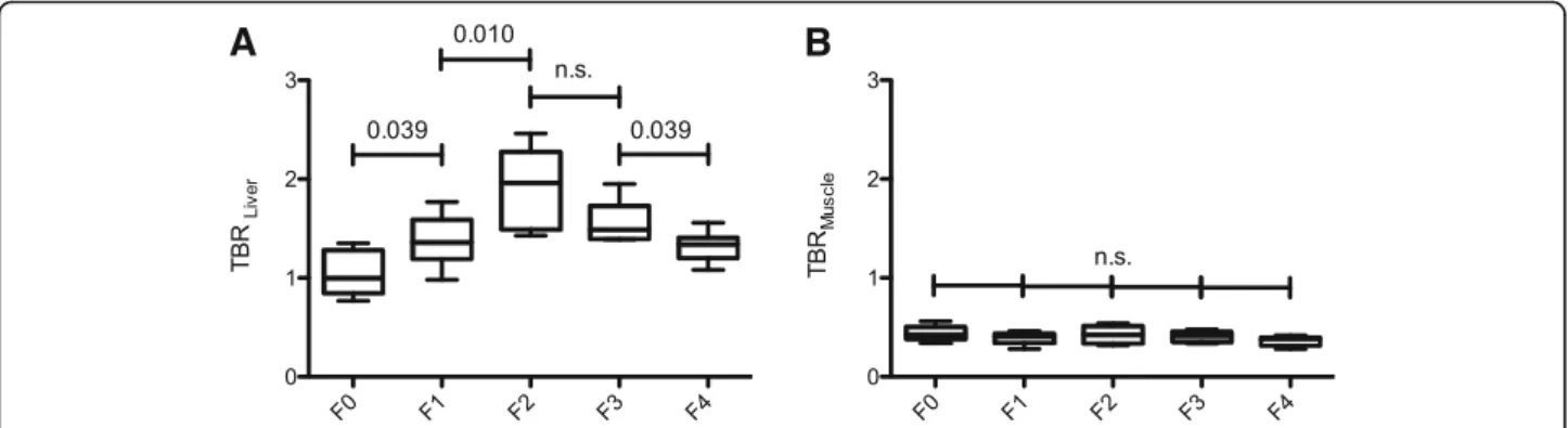 Fig. 2 Shows the tissue-to-blood ratios (TBRLiver, (a); TBRMuscle, (b)) in patients with normal liver parenchyma and patients with liver fibrosis/cirrhosis.