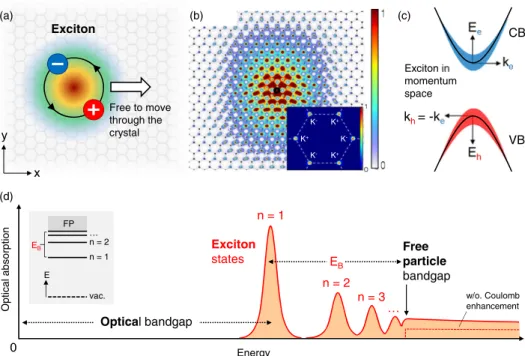 FIG. 2. (a) Schematic real-space representation of the electron-hole pair bound in a Wannier-Mott exciton showing the strong spatial correlation of the two constituents