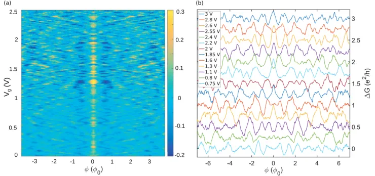 FIG. 4. Quantum conductance corrections of transport measurements in TI nanowires. (a) Color plot of conductance correction G as a function of magnetic flux φ (in units of flux quantum φ 0 ) and gate voltage V g from device w1