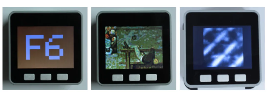 Abbildung 3: Demo-Anwendungen: Selektion von Werten über Verschieben des Tangibles, Suche in einem Wimmelbild mit dem Tangible als Magic Lens, Live-Anzeige des Rohbilds des Maussensors