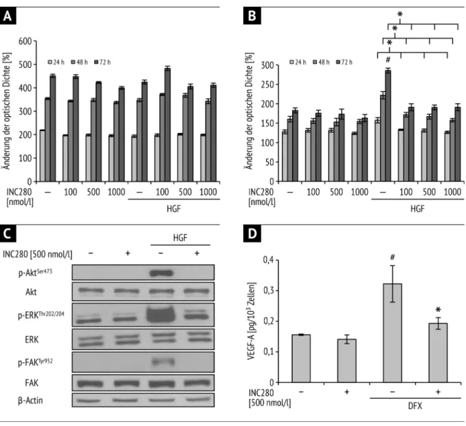 Abb.  2  Gemcitabin-resistente  Tumorzellen  (MiaPaCa2(G250))  A)  MTT-Analyse  MiaPaCa2(par);  native  MiaPaCa2-Zellen  bleiben  von  Stimulation  mit  HGF  unbeeinflusst,  folglich  auch  von  c-MET-Inhibition  durch INC280