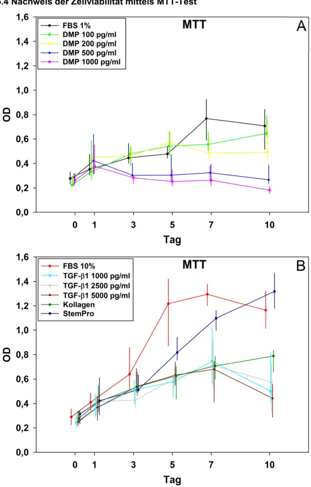 Abbildung  8:  Analyse  der  Zellviabilität  mittels  MTT-Test  an  10  Messtagen.  Aufgeteilt  in  A  und  B  zur  besseren  Übersicht