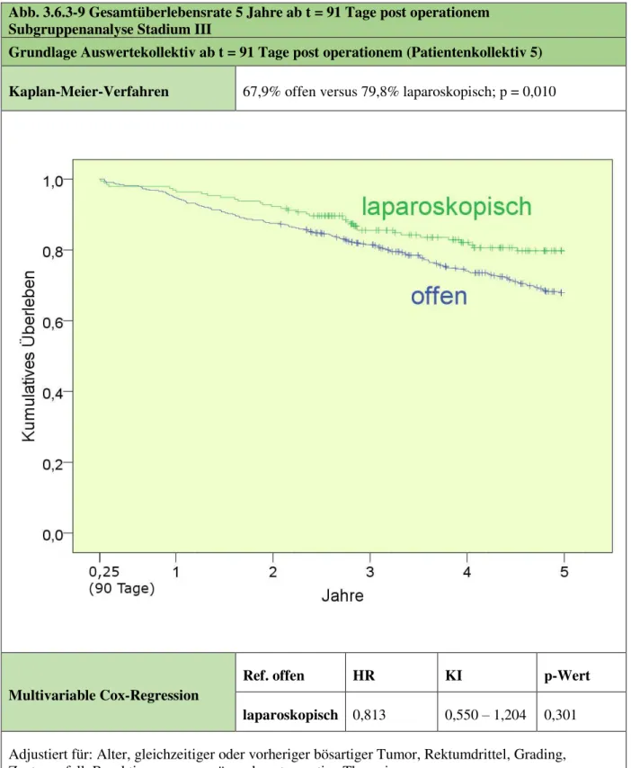 Abb. 3.6.3-9 Gesamtüberlebensrate 5 Jahre ab t = 91 Tage post operationem  Subgruppenanalyse Stadium III 