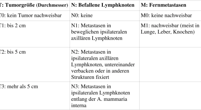 Tabelle 1: TNM- Klassifikation Brustkrebs 