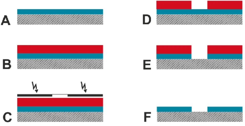 Fig. 13: Photolithographic process starting with the ITO coated PET foil (A) that was spin coated  with  photoresist  (B)