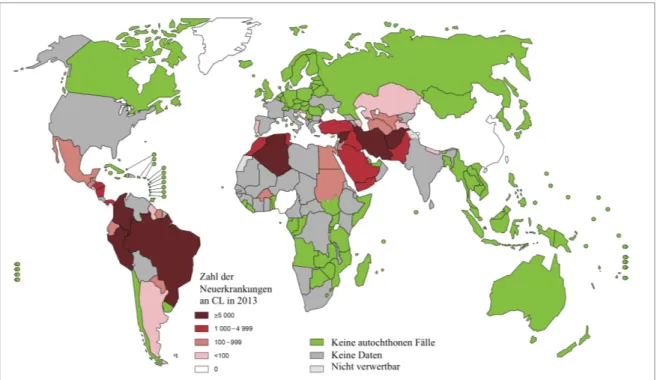 Abb. 2: Weltweite Verbreitung der kutanen Leishmaniose (CL) im Jahr 2013. Modifiziert nach (WHO,  2015b)