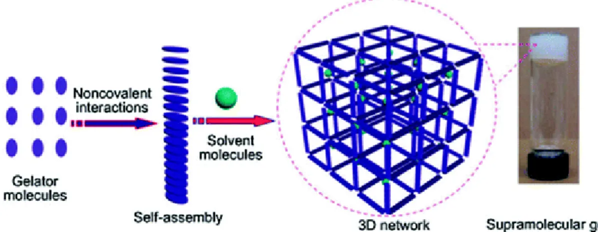 Figure 2. Schematic representation of the formation of a supramolecular gel. Reprinted from ref