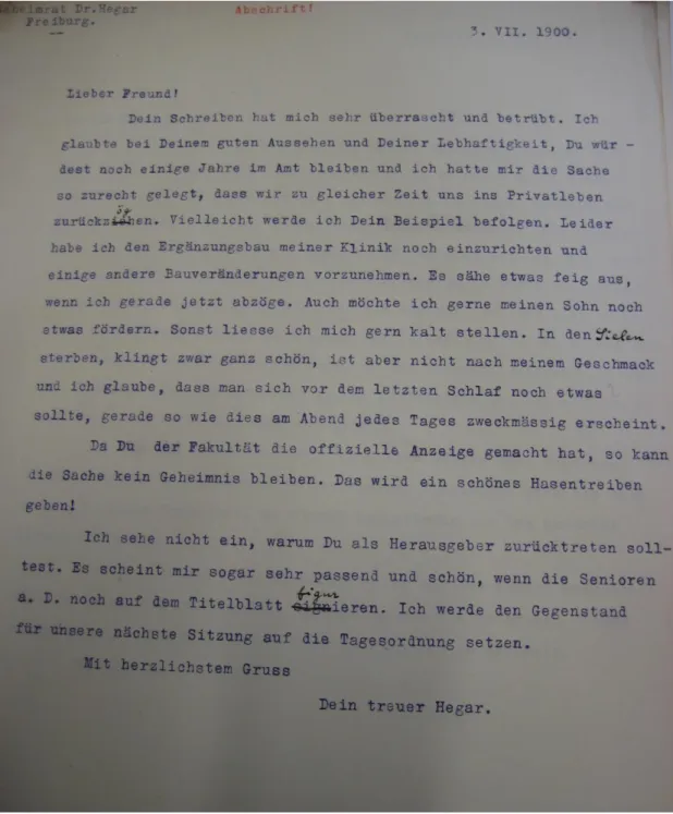 Abbildung 6: Abschrift eines Briefes von Hegar an Freund vom 03.07.1900                                  aus dem Universitätsarchiv Freiburg 