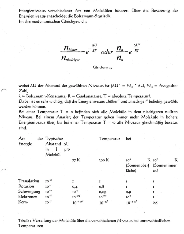 Tabelle 2 Verteilung der Moleküle über die verschiedenen Niveaus bei unterschiedlichen Temperaturen