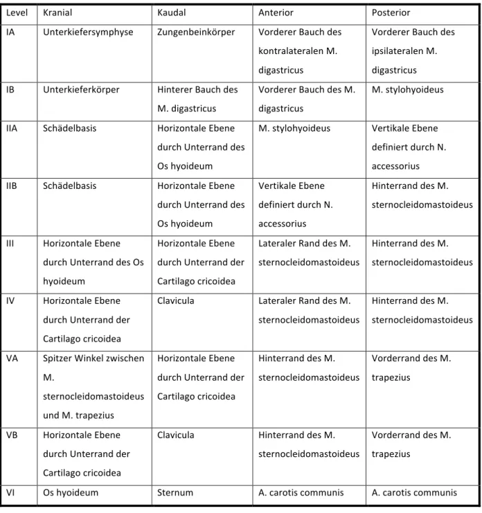 Tabelle   9       Anatomische   Grenzen   der   Level   und   Sublevel   am   Hals   [50]   