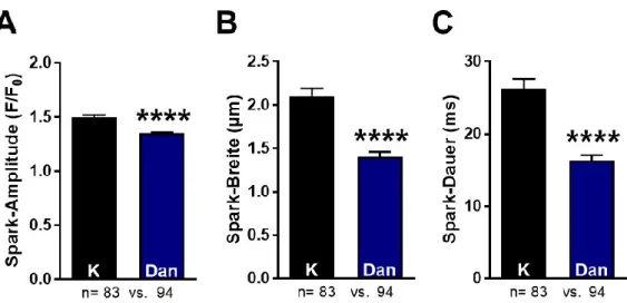 Abbildung 16: Qualitative Spark-Parameter bei Herzinsuffizienz. Dargestellt sind (A) Spark- Spark-Amplitude,  (B)  Spark-Breite  und  (C)  Spark-Dauer  der  gemessenen  Ca 2+ -Sparks  in  isolierten  linksventrikulären Kardiomyozyten von Patienten mit term