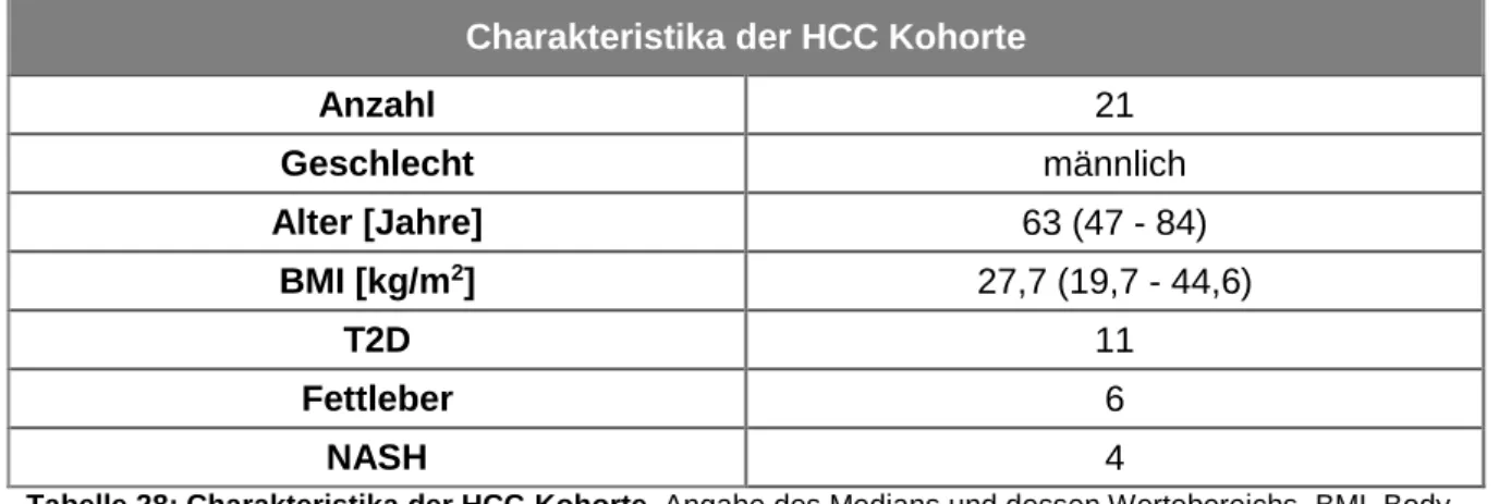 Tabelle 28: Charakteristika der HCC-Kohorte. Angabe des Medians und dessen Wertebereichs