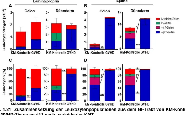 Abb. 4.21: Zusammensetzung der Leukozytenpopulationen aus dem GI-Trakt von KM-Kontroll-  und GVHD-Tieren an d11 nach haploidenter KMT 