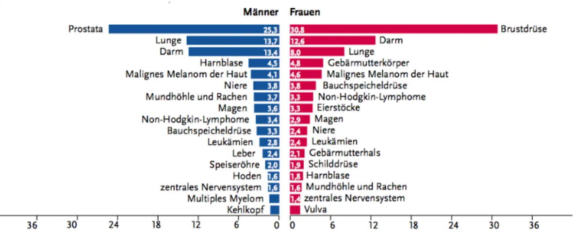 Abbildung 1: Prozentualer Anteil der häufigsten Tumorlokalisationen an allen Krebsneuerkrankungen  in Deutschland 2012 (ohne nicht-melanotischen Hautkrebs)