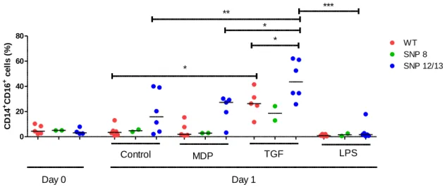 Figure 5.10. Percentage of CD14 + CD16 + monocytes stimulated with or without MDP, TGF-β or LPS