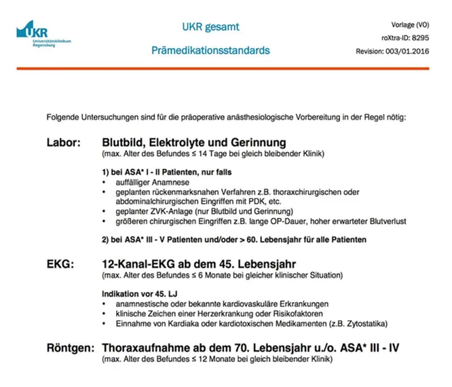 Abb. 2 Prämedikationsstandards des Universitätsklinikums Regensburg 