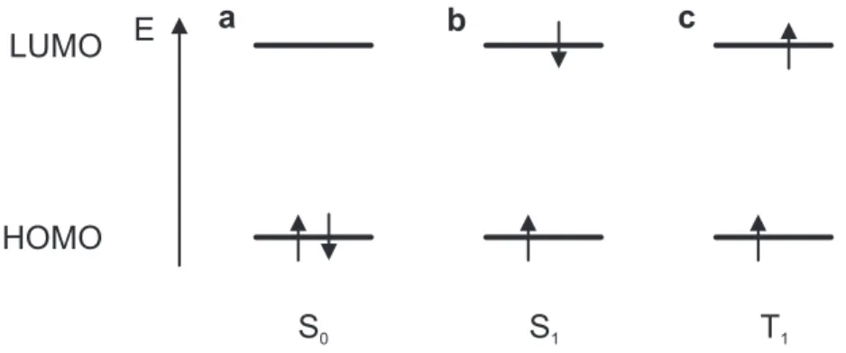 Abbildung 2.3: Spinkonfiguration der Elektronen im LUMO und HOMO: (a) Grundzustand S 0 ; (b) niedrigster angeregter Singulett-Zustand S 1 ; (c) niedrigster Triplett-Zustand T 1