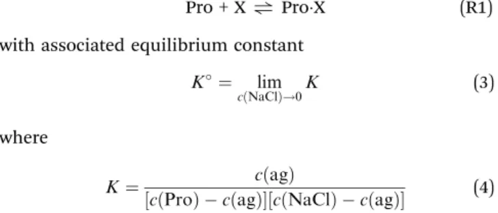 Fig. 9 Concentration ratios, K (K), of L -prolineNaCl aggregates as a function of NaCl concentration, c(NaCl), in 0.6 M aqueous L -proline at 25 1C