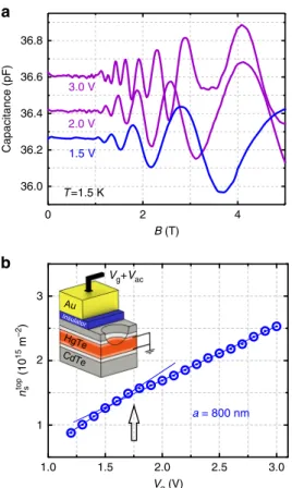 Fig. 2 Capacitance oscillations and density. a Oscillations of the quantum capacitance with constant Δ (1/ B ) periodicity re ﬂ ect Landau quantization of Dirac electrons on the top surface